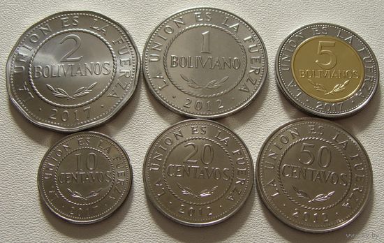 Боливия. набор 6 монет 10, 20, 50 сентаво  1, 2, 5 боливиано 2012-2017 год