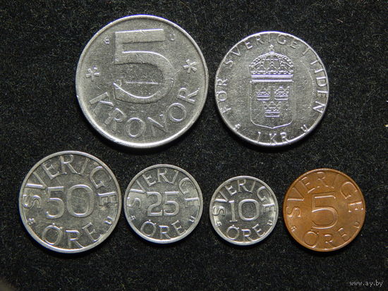 Швеция 5,10,25,50 эре,1,5 крон 1977-83г