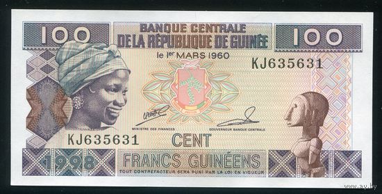 Гвинея 100 франков 1998 г. P35a. Подпись 2. Серия KJ. UNC