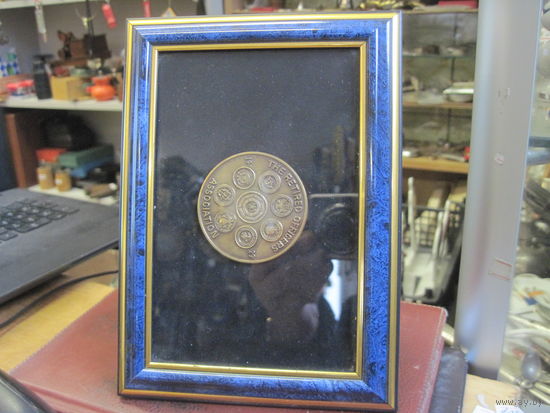 Настольная медаль-жетон Ассоциации офицеров в отставке 1929 г. США, бронза в рамке 18х13 см.