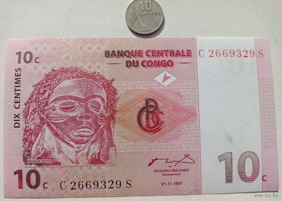 Werty71 Конго 10 Сантимов 1997 UNC банкнота