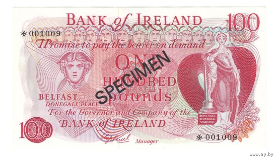 Северная Ирландия 100 фунтов 1974 года. Bank of Ireland. Образец. Тип P-64. Состояние UNC!