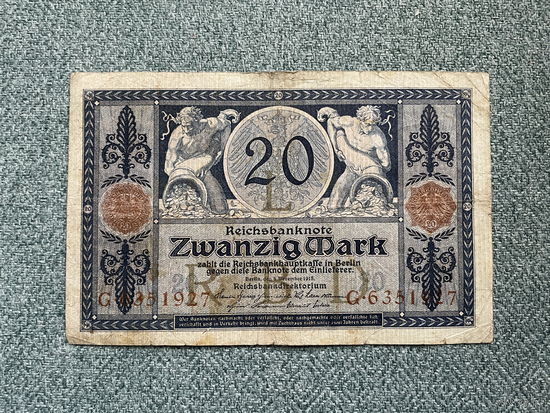 Германия Имперская банкнота 20 марок серия L G-6351927 Берлин 04.11.1915 год