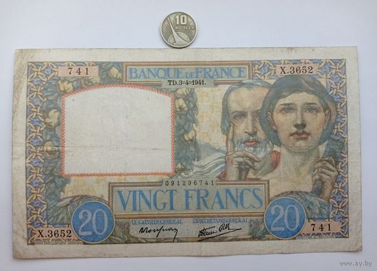 Werty71 Франция 20 франков 1941 банкнота Редкая
