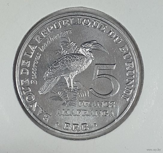 Бурунди 5 франков 2014 Птицы - Кафрский рогатый ворон (Bucorvus leadbeateri)