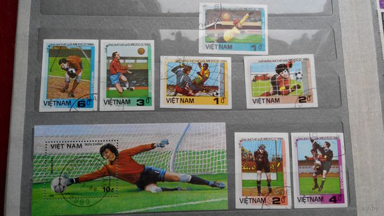 Футбол, спорт, марки, Вьетнам, чемпионат мира 1986, вратари, блок и 7 б/з марок