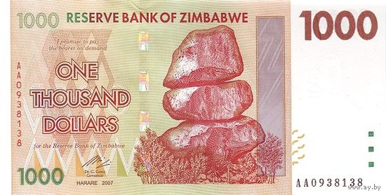 Зимбабве 1000 долларов образца 2007 года UNC p71