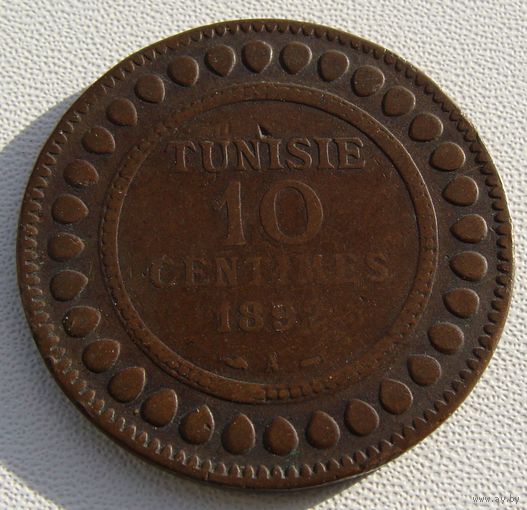 Тунис. "Французский протекторат" 10 сантимов 1892 год   KM#222