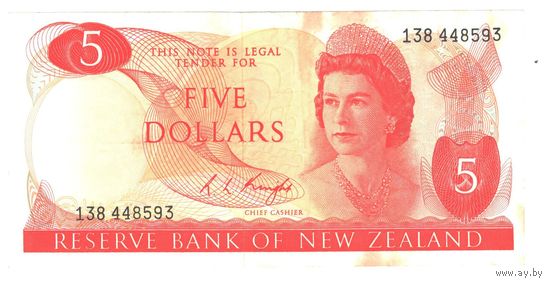Новая Зеландия 5 долларов 1975 года. Тип P 165c. Подпись Knight. Состояние XF+