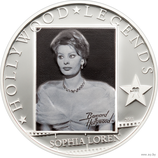 Острова Кука 5 долларов 2011г. "Легенды Голливуда: Софи Лорен (Sophia Loren)". Монета в капсуле; сертификат. СЕРЕБРО 25гр.