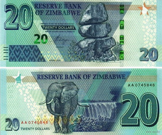 Зимбабве 20 долларов 2020 год UNC