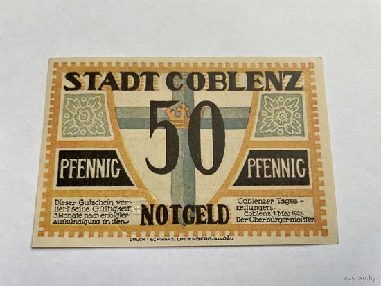 Германия Нотгельд Coblenz (Prussian province of Rhine) 50 пфеннигов 01.05.1921 год