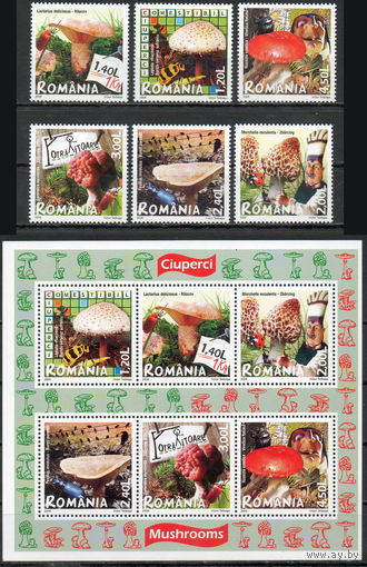 Съедобные грибы Румыния 2008 год серия из 6 марок и 1 блока