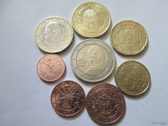 Полный ГОДОВОЙ набор евро монет Австрия 2002 г. (1, 2, 5, 10, 20, 50 евроцентов, 1, 2 евро)