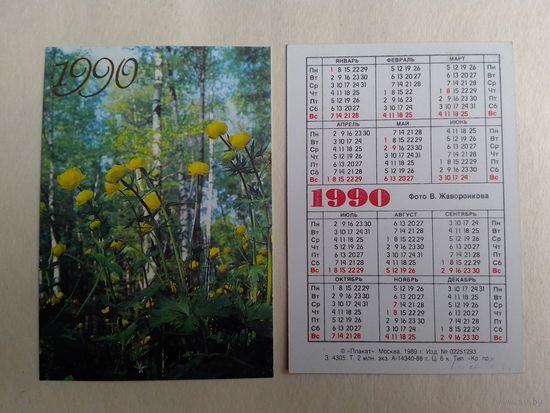 Карманный календарик Цветы. 1990 год