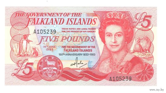 Фолклендские острова 5 фунтов 1983 года. Тип Р 12а. Состояние UNC!