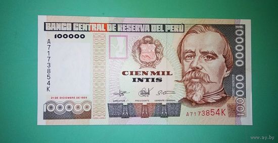 Банкнота 100 000 инти  Перу 1989 г.
