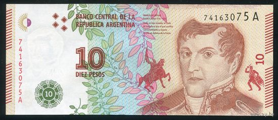 Аргентина 10 песо 2016 г. P360. Серия A. UNC