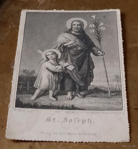 Икона гравюра оригинал  Св. Иосиф с Иисусом изд. Carl Mauer in Nurnberg шкаплерный образок 19 век