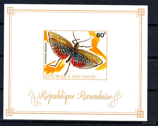 Фауна. Бабочки. Руанда. 1973. 1 блок (б/з). Michel N бл.30. (25,0 е)