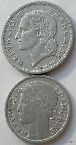 Франция, 2 монеты: 2 франка 1947 и 5 франков 1945 года, алюминий