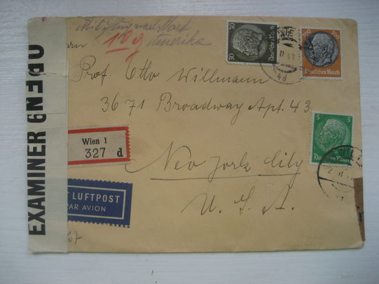 Конверт авиапочты из оккупированной, фашистской Германией, Австрии (немецкие марки) в США отличные штемпеля