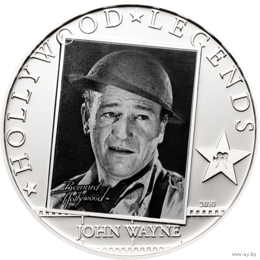 Острова Кука 5 долларов 2010г. "Легенды Голливуда: Джон Уэйн (John Wayne)". Монета в капсуле; сертификат. СЕРЕБРО 25гр.