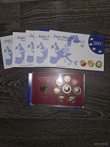 Германия 2005 год 5 наборов разных монетных дворов A D F G J. 1, 2, 5, 10, 20, 50 евроцентов, 1, 2 евро. Официальный набор PROOF монет в упаковке.
