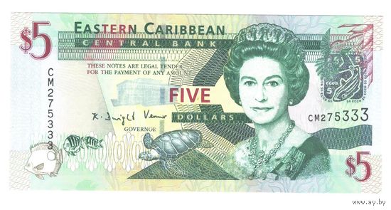 Восточные Карибы 5 долларов 2008 года. Тип Р 47a. Буквы СМ. Состояние UNC!