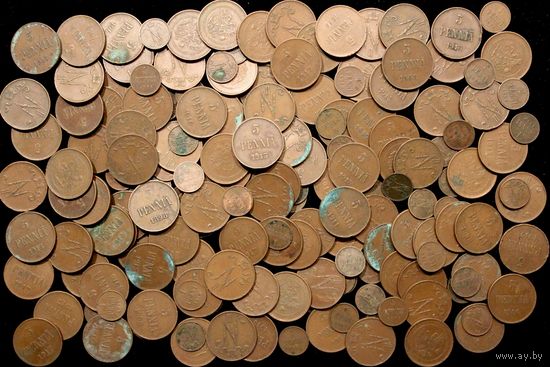 Русско-финская медь Николая II. 178 монет, чердачный сохран, одним лотом!