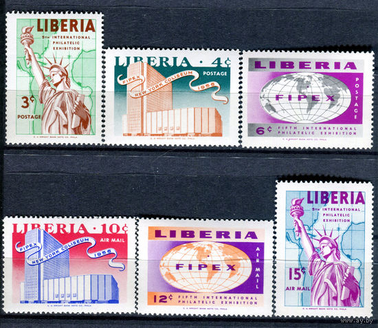Либерия - 1956г. - Международная филателистическая выставка в Нью-Йорке - полная серия, MNH с полосами на клее [Mi 491-496] - 6 марок