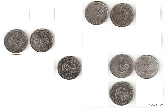 2 марки. 1970 D, J, 1989 D, 1990 D, F, J, 1992 G