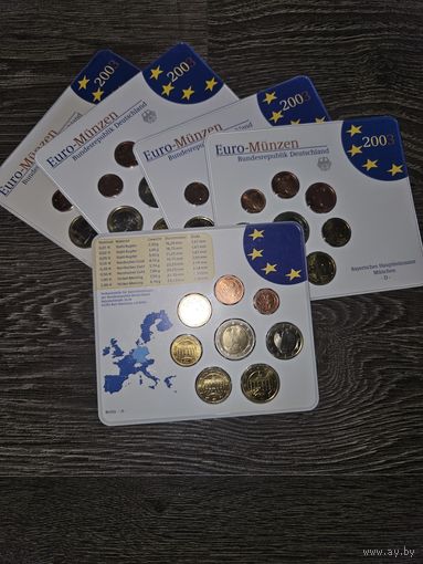 Германия 2003 год 5 наборов разных монетных дворов A D F G J. 1, 2, 5, 10, 20, 50 евроцентов, 1, 2 евро. Официальный набор BU монет в упаковке.