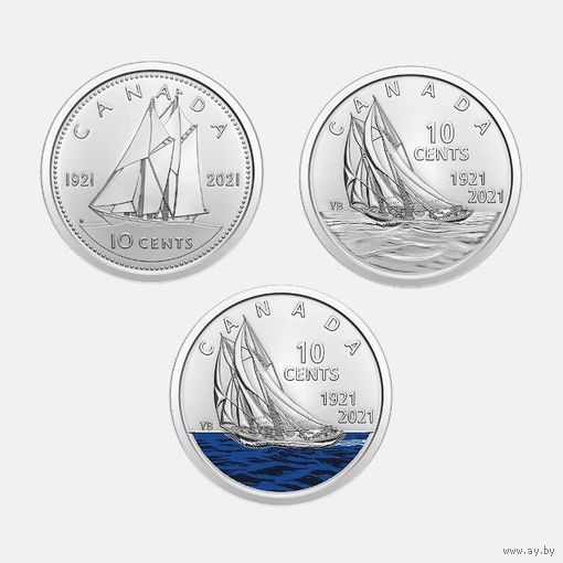 Канада 10 центов, 2021 100 лет шхуне Bluenose (комплект 3 монеты) [UNC]