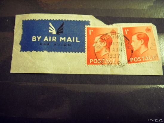 1937 Великобритания вырезка с 2 старенькими марочками и почтовой наклейкой король (2-14)