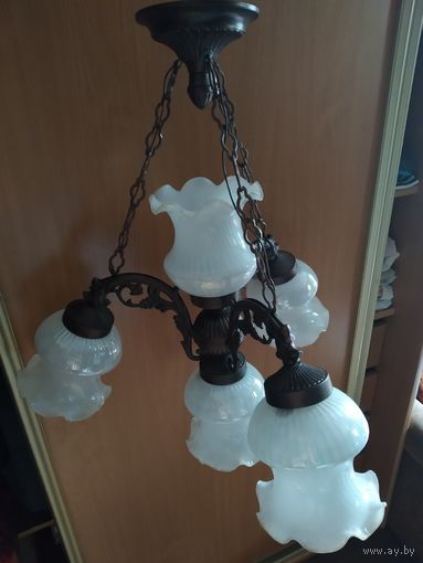 Винтажная лампа-люстра светильник на цепях пять плафонов СССР