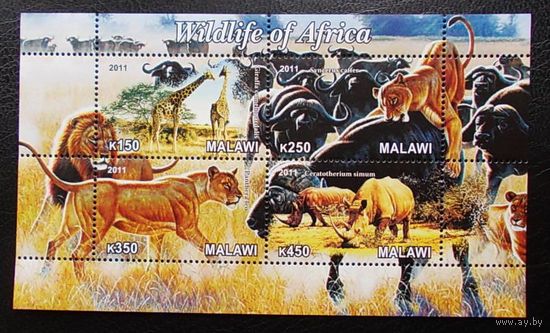 Марки - фауна животные Африки - львы носороги жирафы буйволы Малави 2011 блок