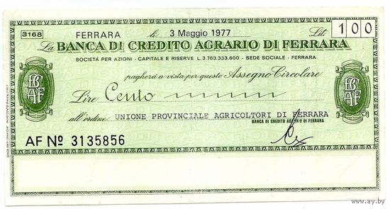 Италия, Банковский чек 100 лир 1977 год.