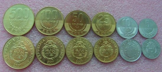 Коста-Рика. набор 6 монет 5, 10, 25, 50, 100, 500 колонов 2007-2008 год