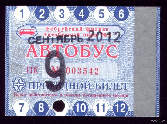 Проездной билет Бобруйск Автобус Сентябрь 2012