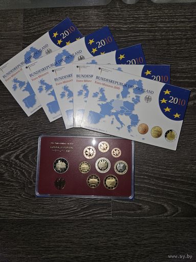 Германия 2010 год 5 наборов разных монетных дворов A D F G J. 1, 2, 5, 10, 20, 50 евроцентов, 1, 2 евро и 2 юбилейных евро. Официальный набор PROOF монет в упаковке.