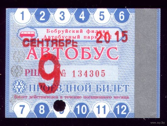 Проездной билет Бобруйск Автобус Сентябрь 2015