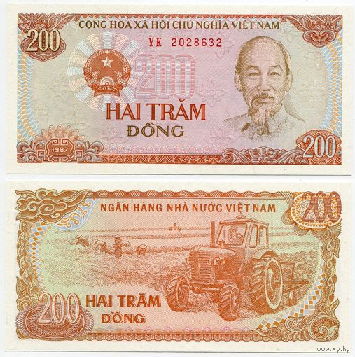 Вьетнам. 200 донгов (образца 1987 года, P100, UNC)