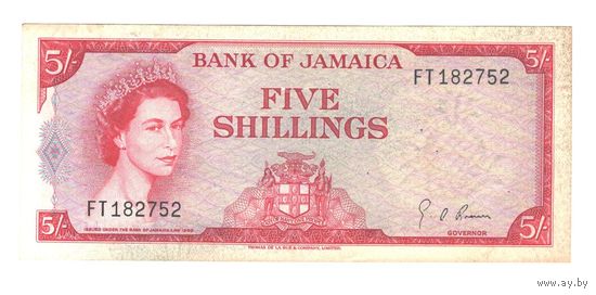 Ямайка 5 шиллингов 1964 года. Тип Р 51Аd. Подспись G. Arthur Brown. Состояние XF