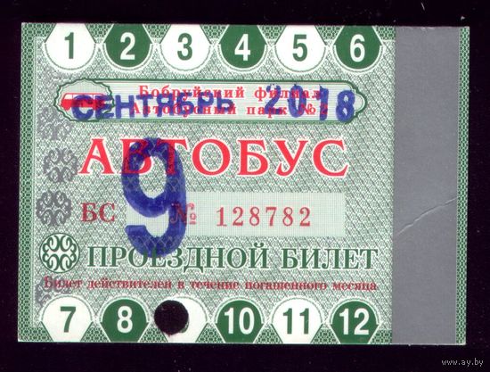 Проездной билет Бобруйск Автобус Сентябрь 2018