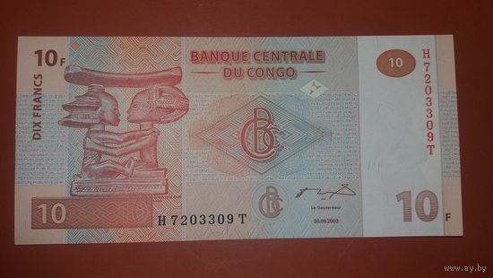 Банкнота 10 франков Демократическое Конго 2000 Р-93