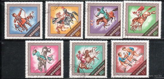 Монголия-1974 (Мих.864-870) гаш. , Нац. спорт, Лошади,  (полная серия)