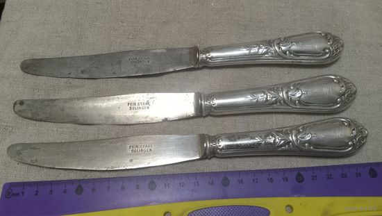 Набор 3 шт, столовых ножей Золинген (Solingen), ручки серебро Ag800. Старая Германия. Недорогой старт- 65 руб/шт! Распродажа коллекции.