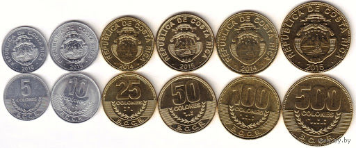 Коста-Рика набор 6 монет 2014-2016 UNC