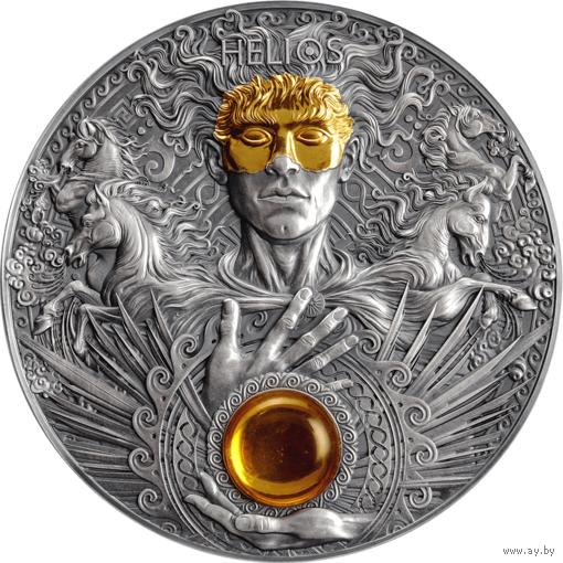 Ниуэ 5 долларов 2022г. "Божественные Лики Солнца: Бог Гелиос". Монета в капсуле; деревянном подарочном футляре; номерной сертификат; коробка. СЕРЕБРО 93,30гр.(3 oz).